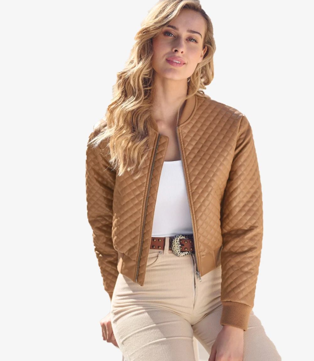 Quilted Leather Bomber Tan Brown Jacket Unisex Quilted Leather Bomber Tan Brown Jacket