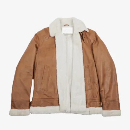 Unisex Tan Leather Jacket with Full Shearling Lining and Open Front