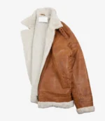 Tan Leather Jacket with Full Shearling Lining and Open Front