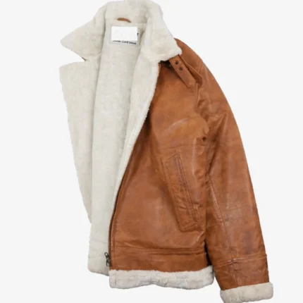 Tan Leather Jacket with Full Shearling Lining and Open Front