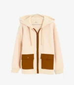 Home Town S10 Erin Napier White Sherpa Zip Jacket with Brown Pockets For Unisex