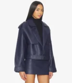 Blue Oversized Belted Leather Jacket For Women