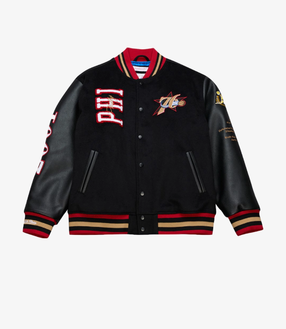 Philadelphia 76ers Black Hardwood Classics 76 Varsity Jacket Unisex Philadelphia 76ers Black Hardwood Classics 76 Varsity Jacket
