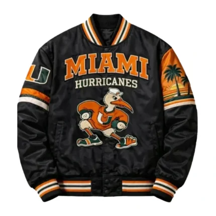 Unisex Casual Miami Hurricanes 90’s Applique Patches Full Snap Satin Bomber Jacket