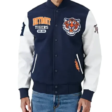 Detroit Tigers City Arch Blue and White Varsity Jacket For Unisex
