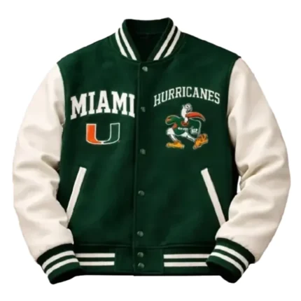 Miami Hurricanes Green and White Varsity Letterman Jacket For Unisex
