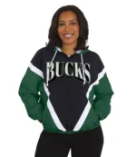 Milwaukee Bucks WEAR by Erin Andrews Black Hunter Green Colorblock Full-Zip Windbreaker Jacket