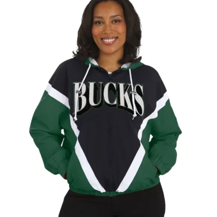 Milwaukee Bucks WEAR by Erin Andrews Black Hunter Green Colorblock Full-Zip Windbreaker Jacket