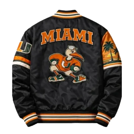 Casual Miami Hurricanes 90’s Applique Patches Full Snap Satin Bomber Jacket