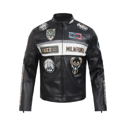 Unisex Milwaukee Bucks Full-Zip Up Black Leather Moto Jacket