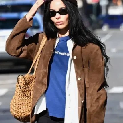 New York City 2026 Zoe Kravitz Brown Suede Leather Jacket For Unisex