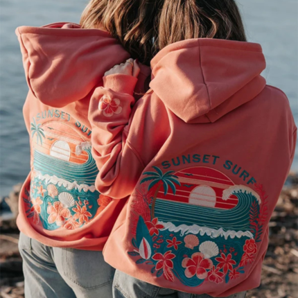 Sunset Surf Tropical Coral Hibiscus Pullover Hoodie 1