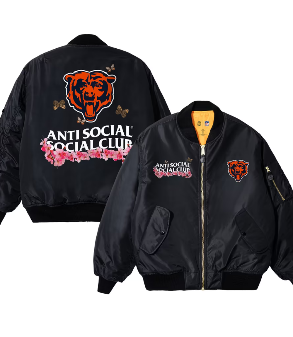 AntiSocialSocialClub x Chicago Bears NFL Blossom MA-1 Black Full-Zip Bomber Jacket 1 AntiSocialSocialClub x Chicago Bears NFL Blossom MA-1 Black Full-Zip Bomber Jacket 1